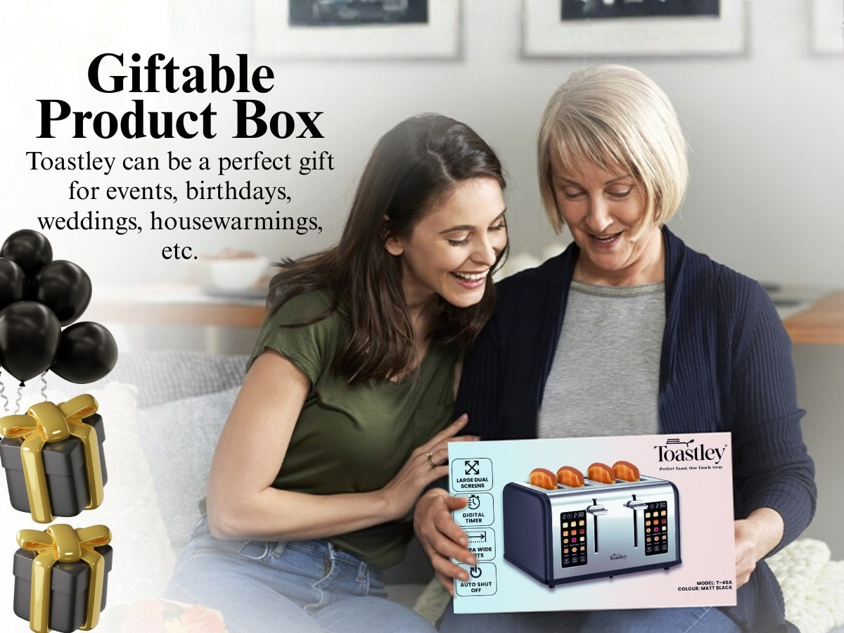 Two women looking at a Toastley product box in a living room setting.