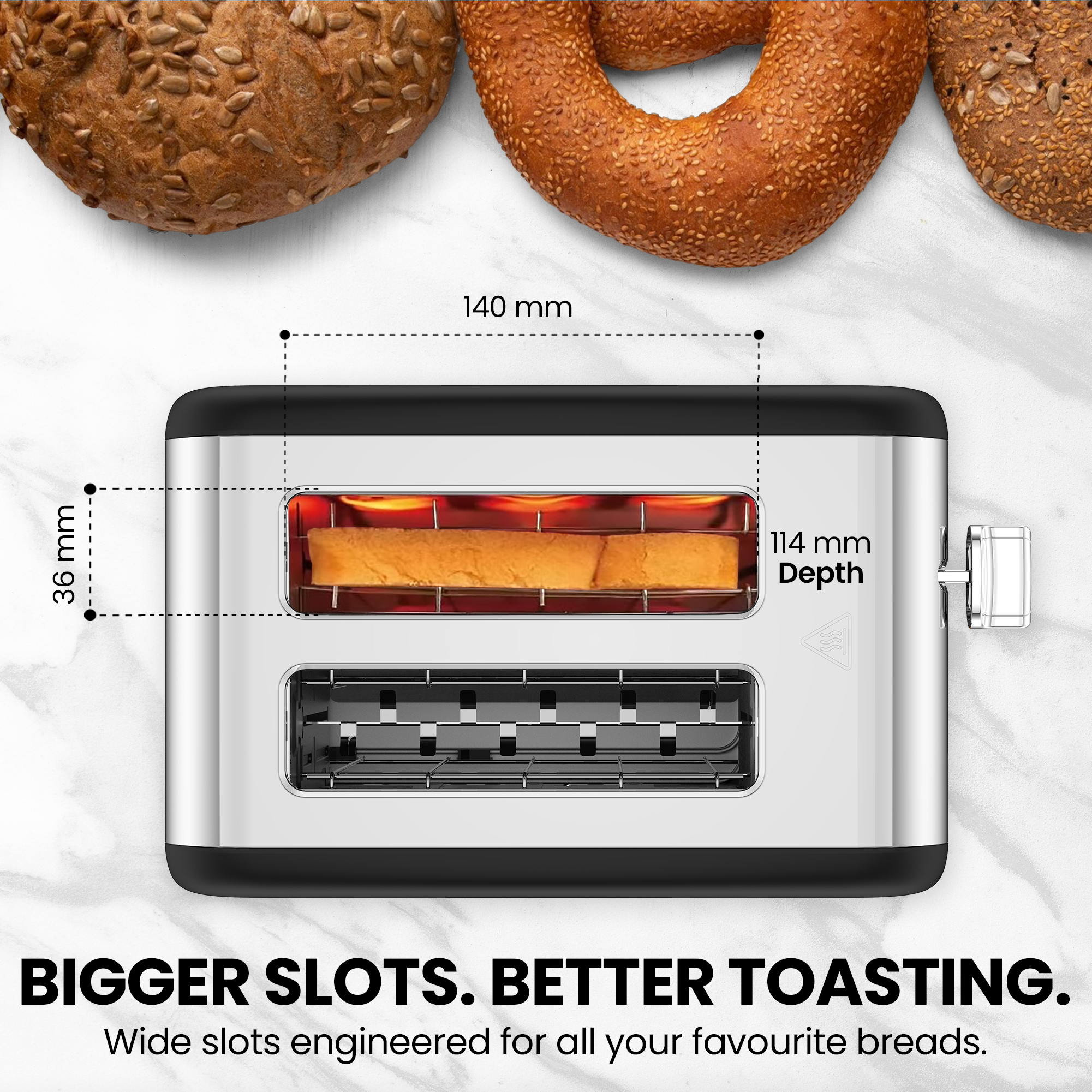 Image of Toastley 2-slice toaster wide slot dimensions – 36mm wide, 140mm long
