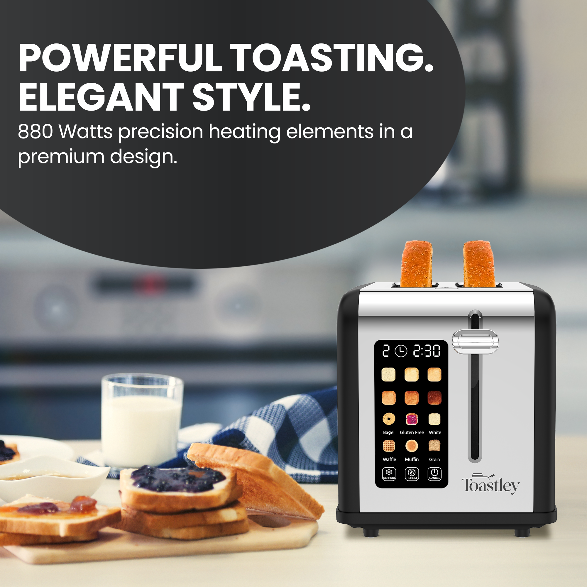 Image of Toastley 2-slice toaster touchscreen showing 6 bread types and browning levels