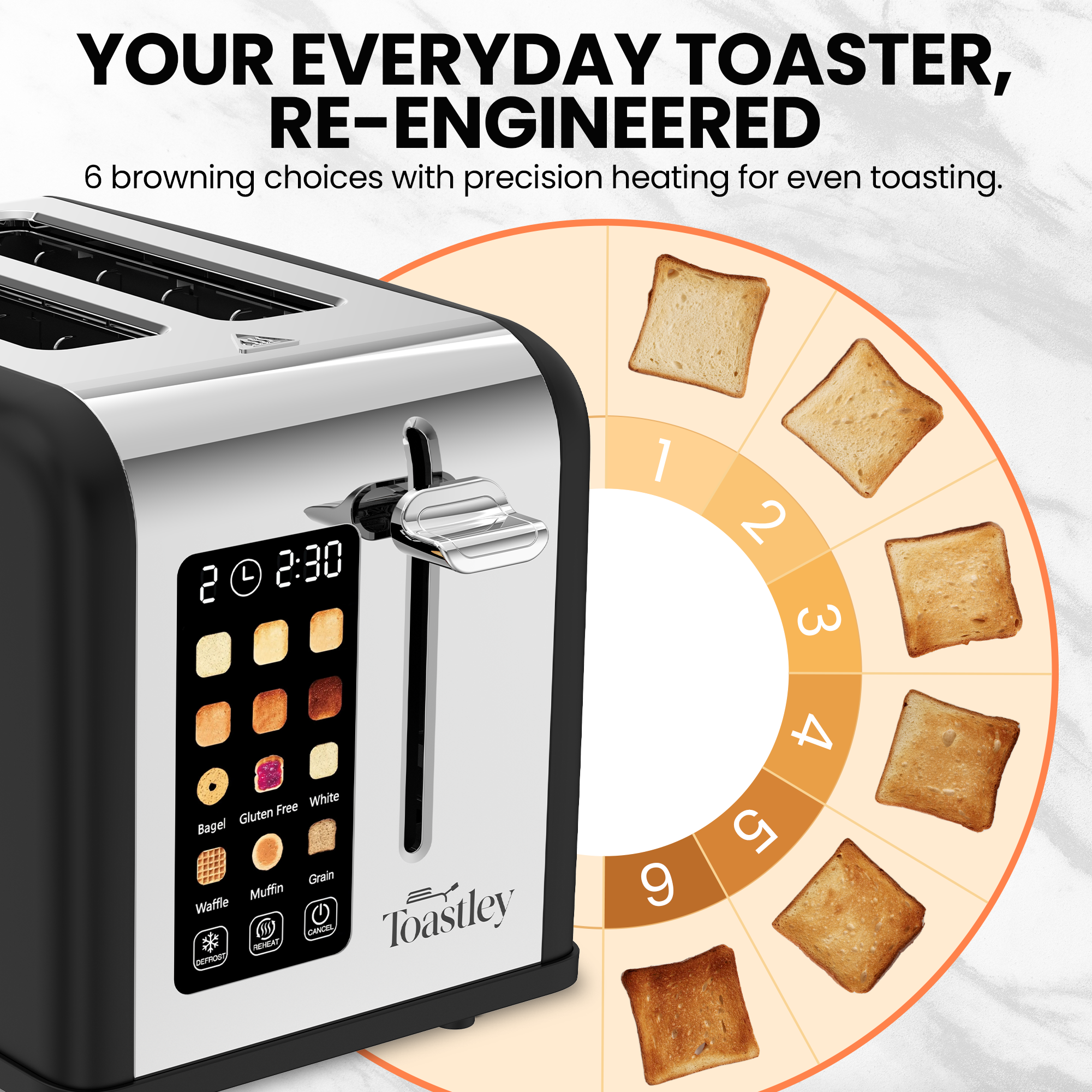 Image of Toastley 2-slice smart toaster in silver stainless steel – front view
