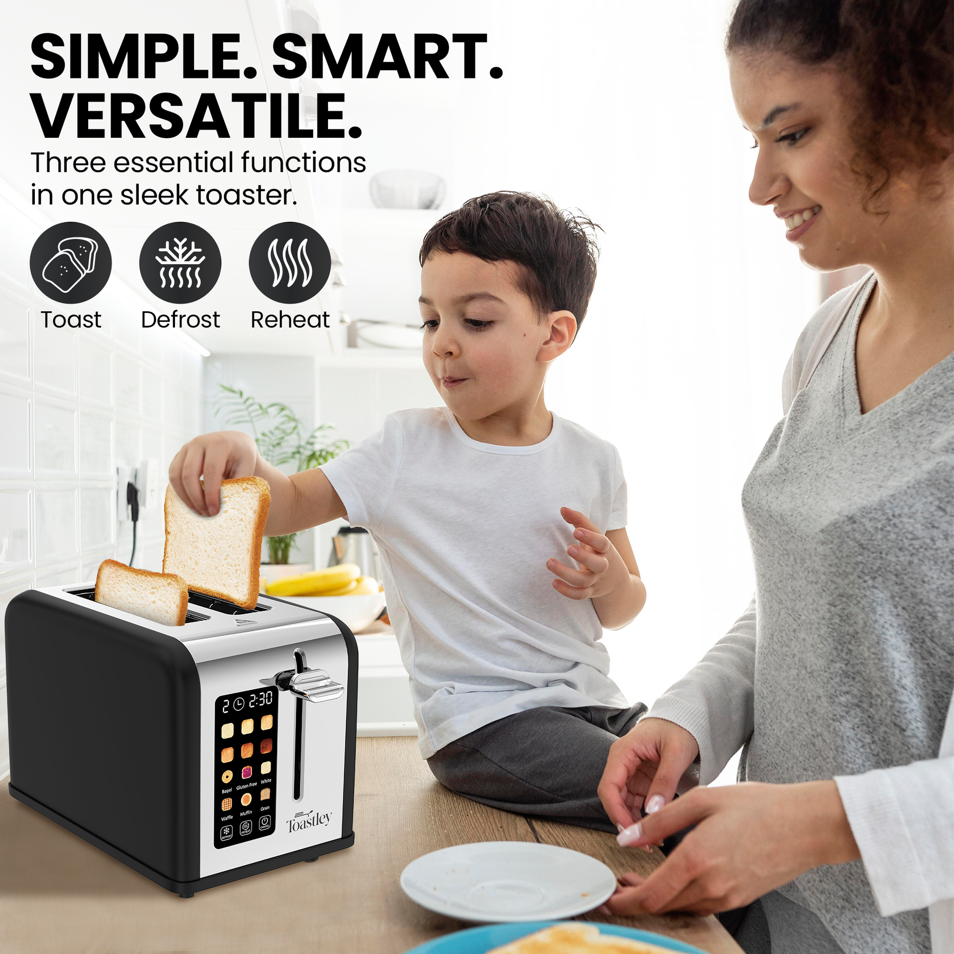 Woman and child using Toastley 2-slice black smart toaster in kitchen
