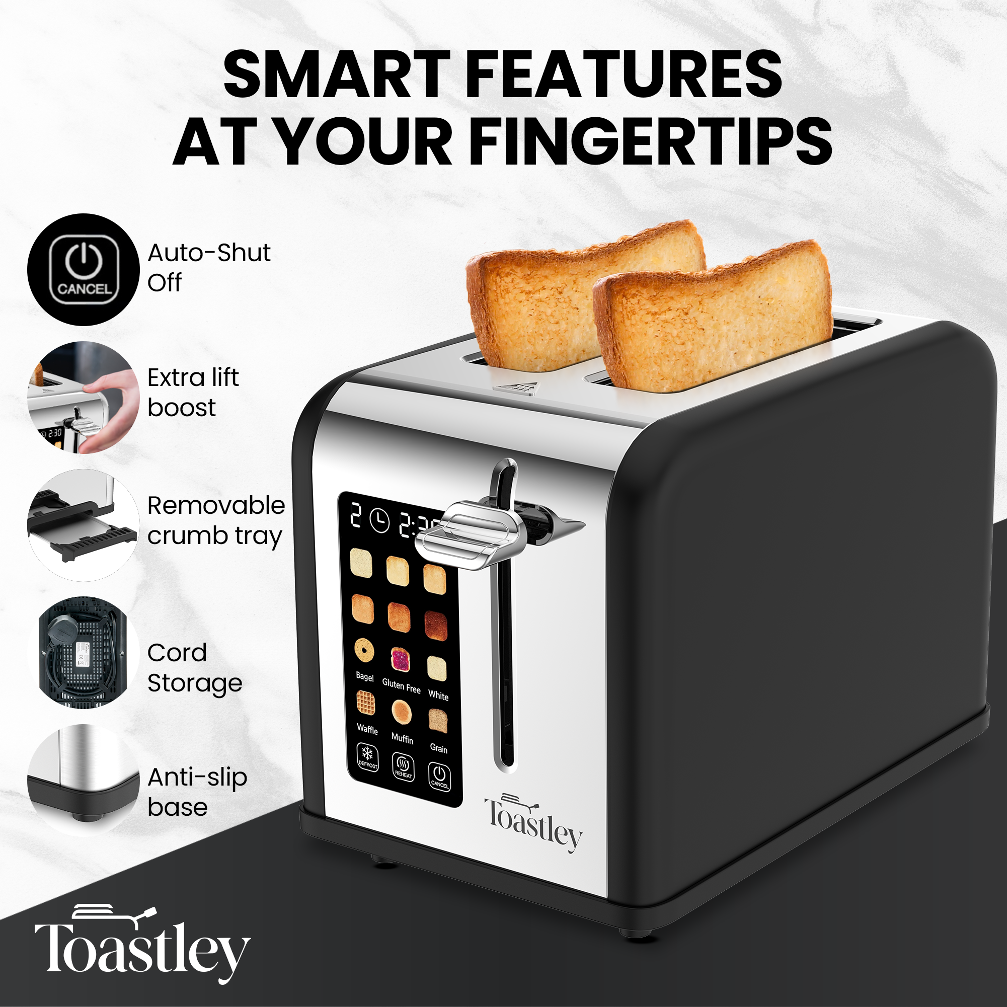 Image of Toastley 2-slice toaster features – auto shut-off, extra lift boost, crumb tray
