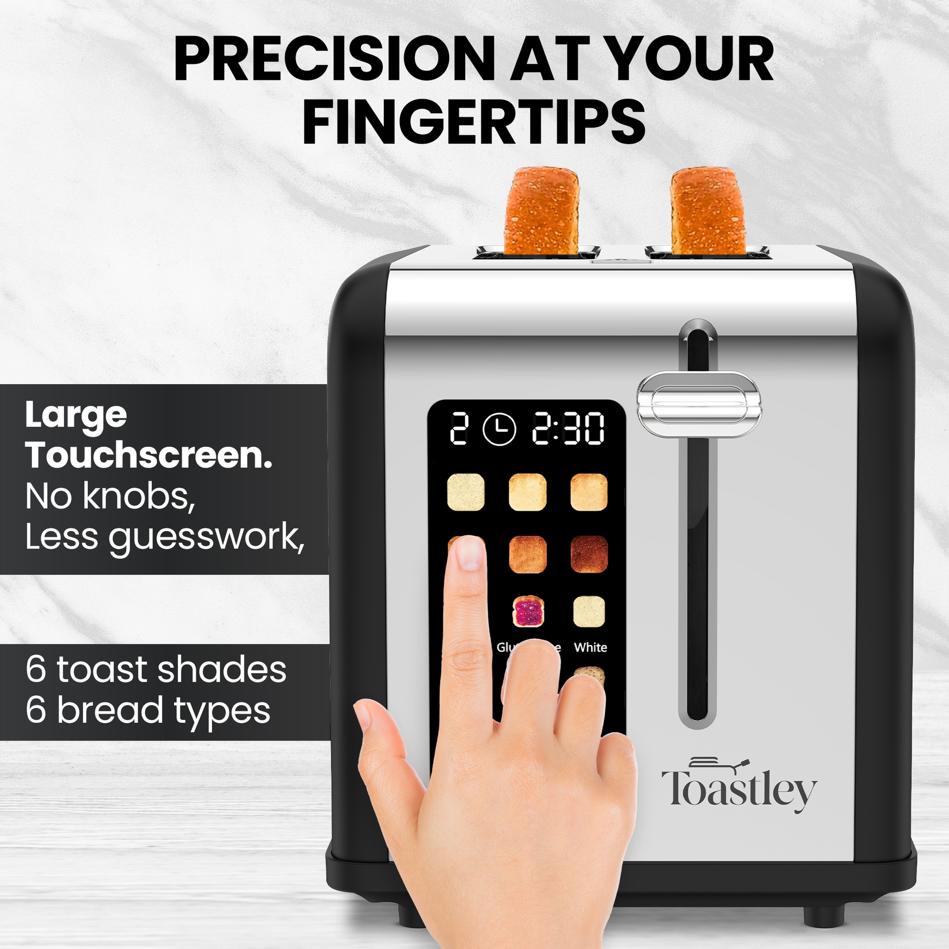 Close-up of Toastley toaster touchscreen with toast shade selector