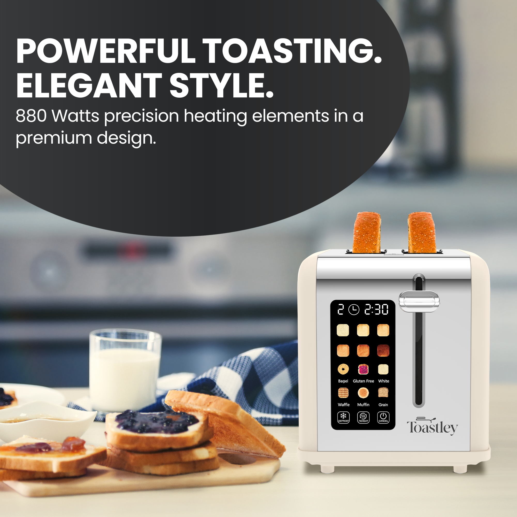 Image of White toaster with digital display on a kitchen counter, surrounded by toast and milk.