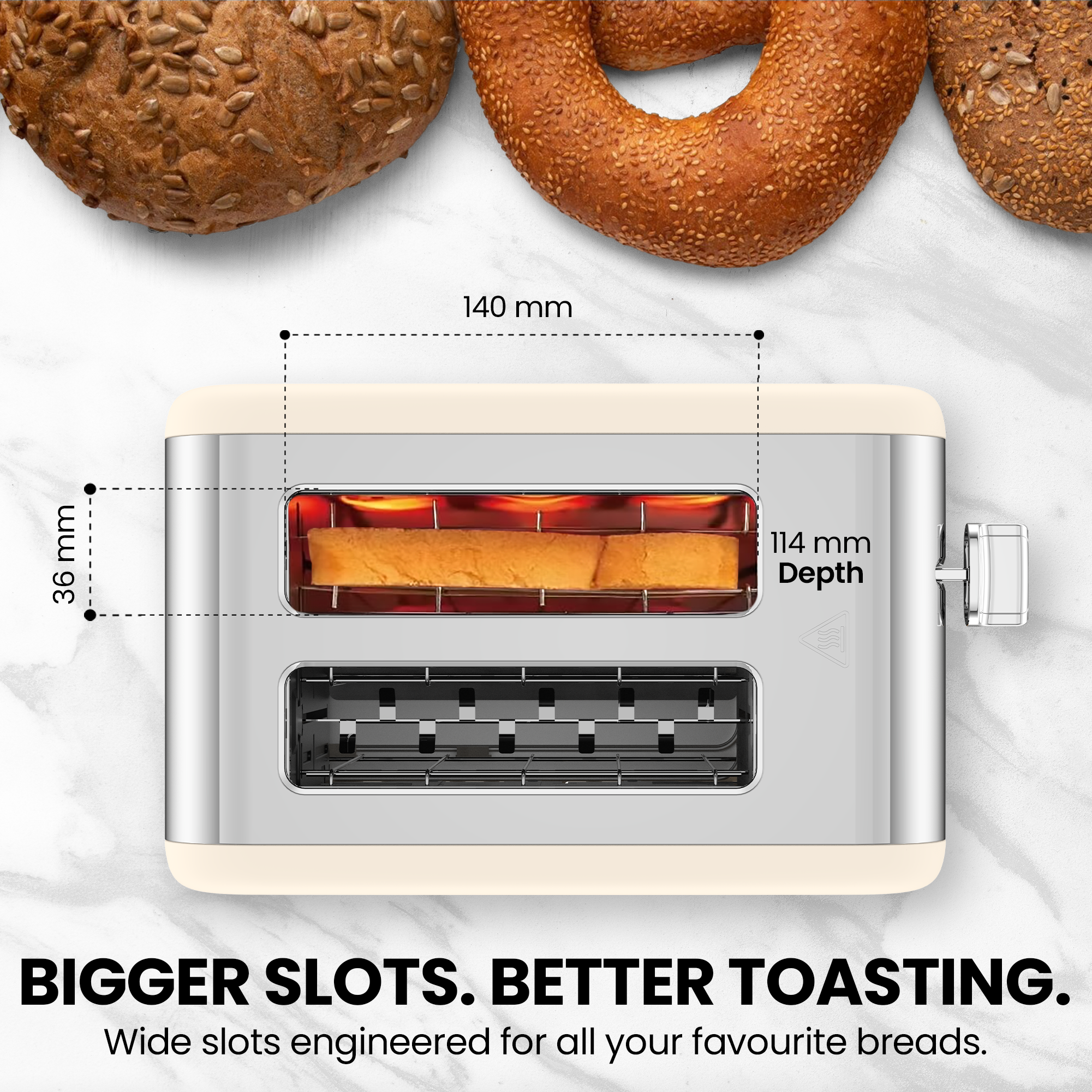 Image of Toaster with dimensions labeled, surrounded by bagels on a white background