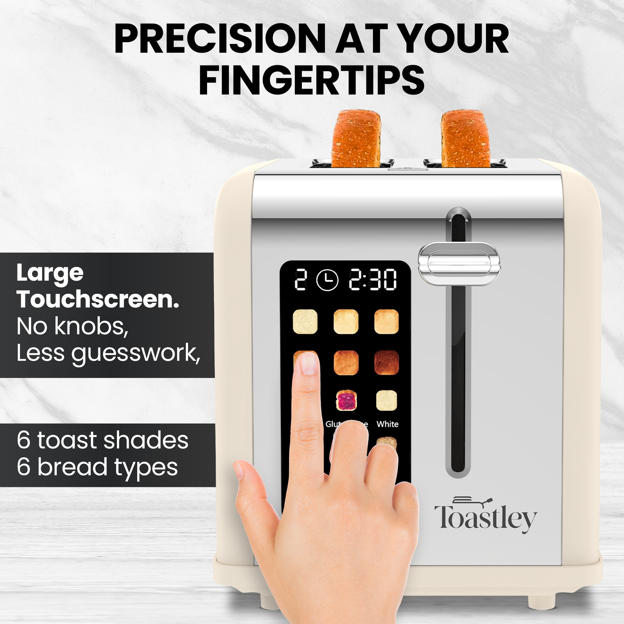 Image of Toaster with touchscreen interface and 'Toastley' branding, featuring a hand pressing the screen.