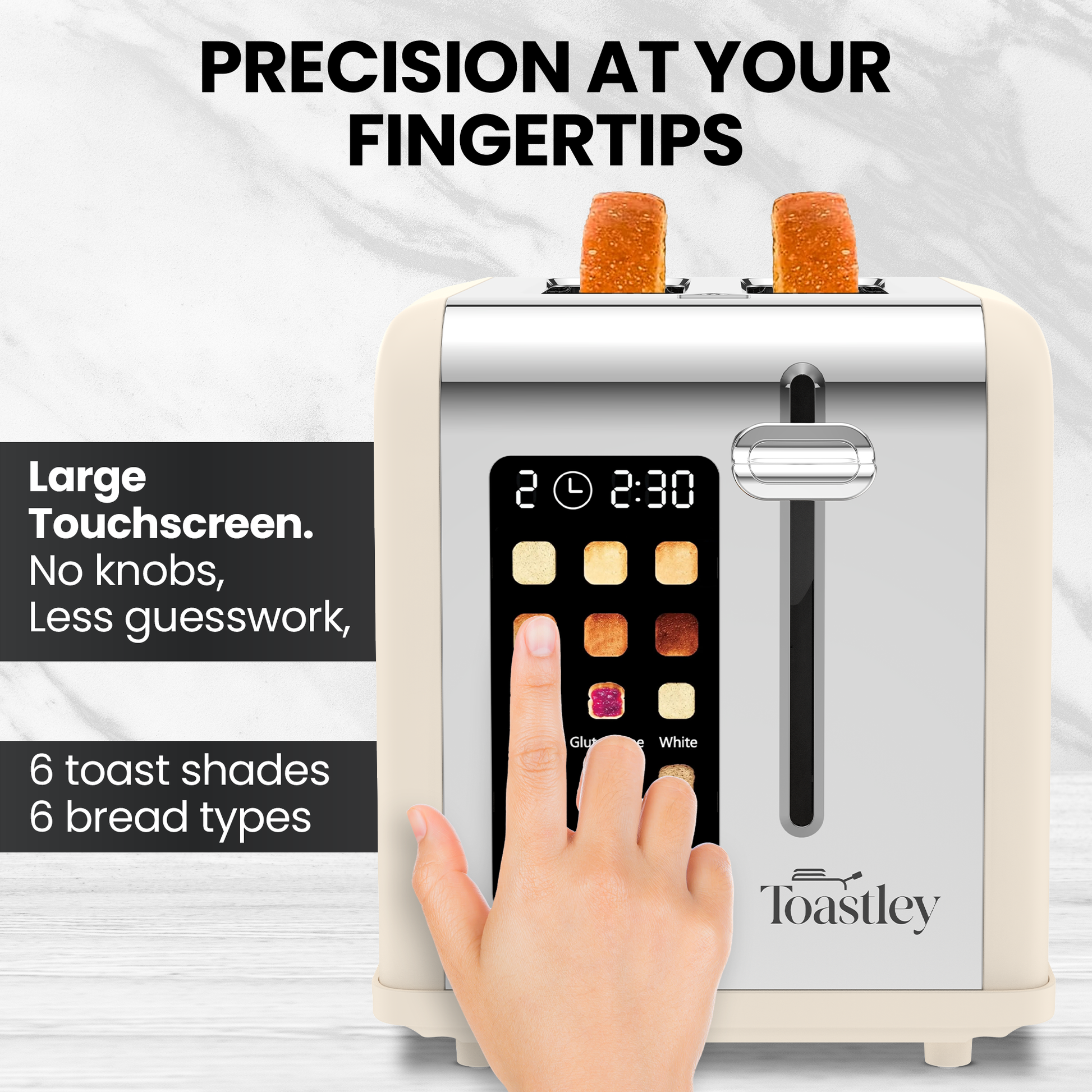 Toaster with touchscreen interface and 'Toastley' branding, featuring a hand pressing the screen.