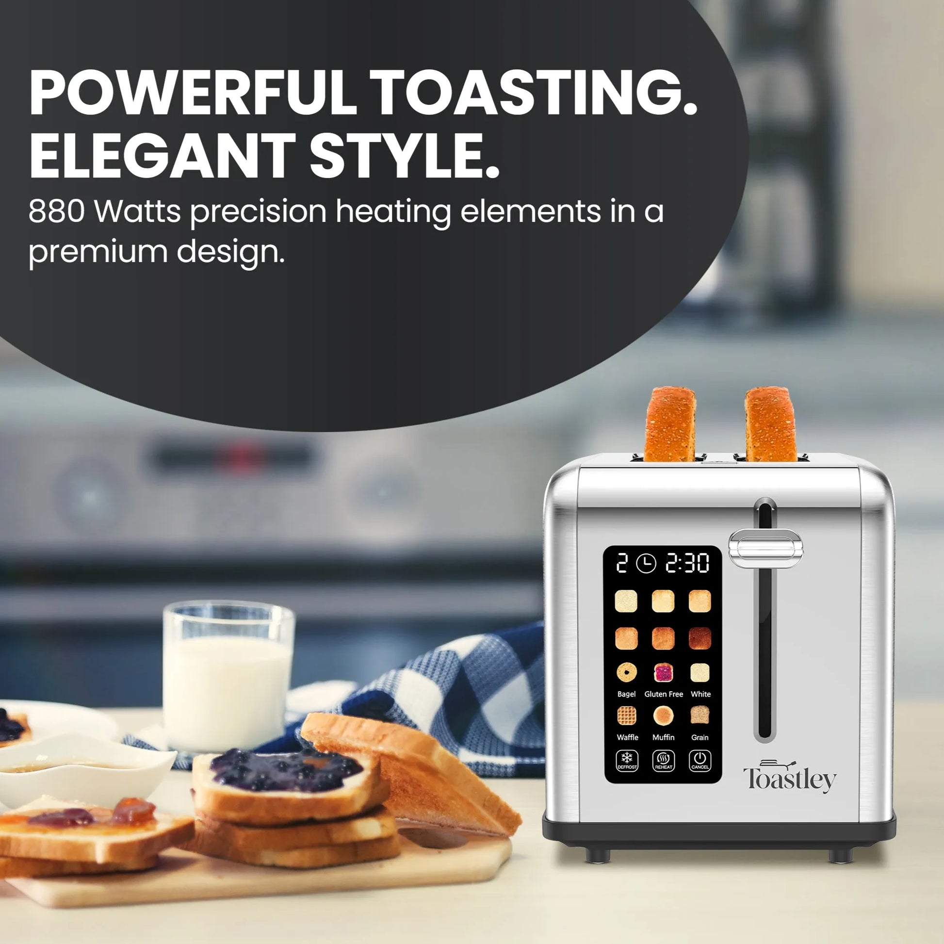 Toaster with slices of bread and a glass of milk on a kitchen counter, with text about powerful toasting and elegant style.