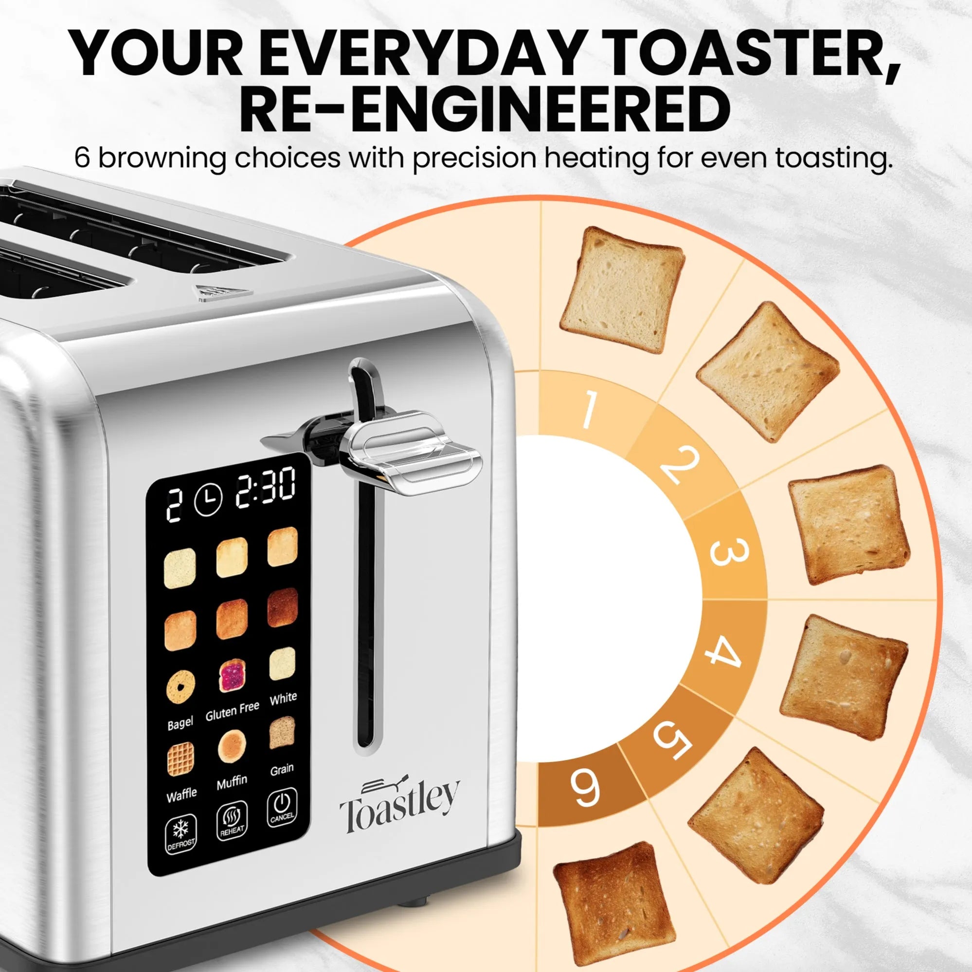 Image of Modern toaster with digital display and toast simulation graphic on a white background