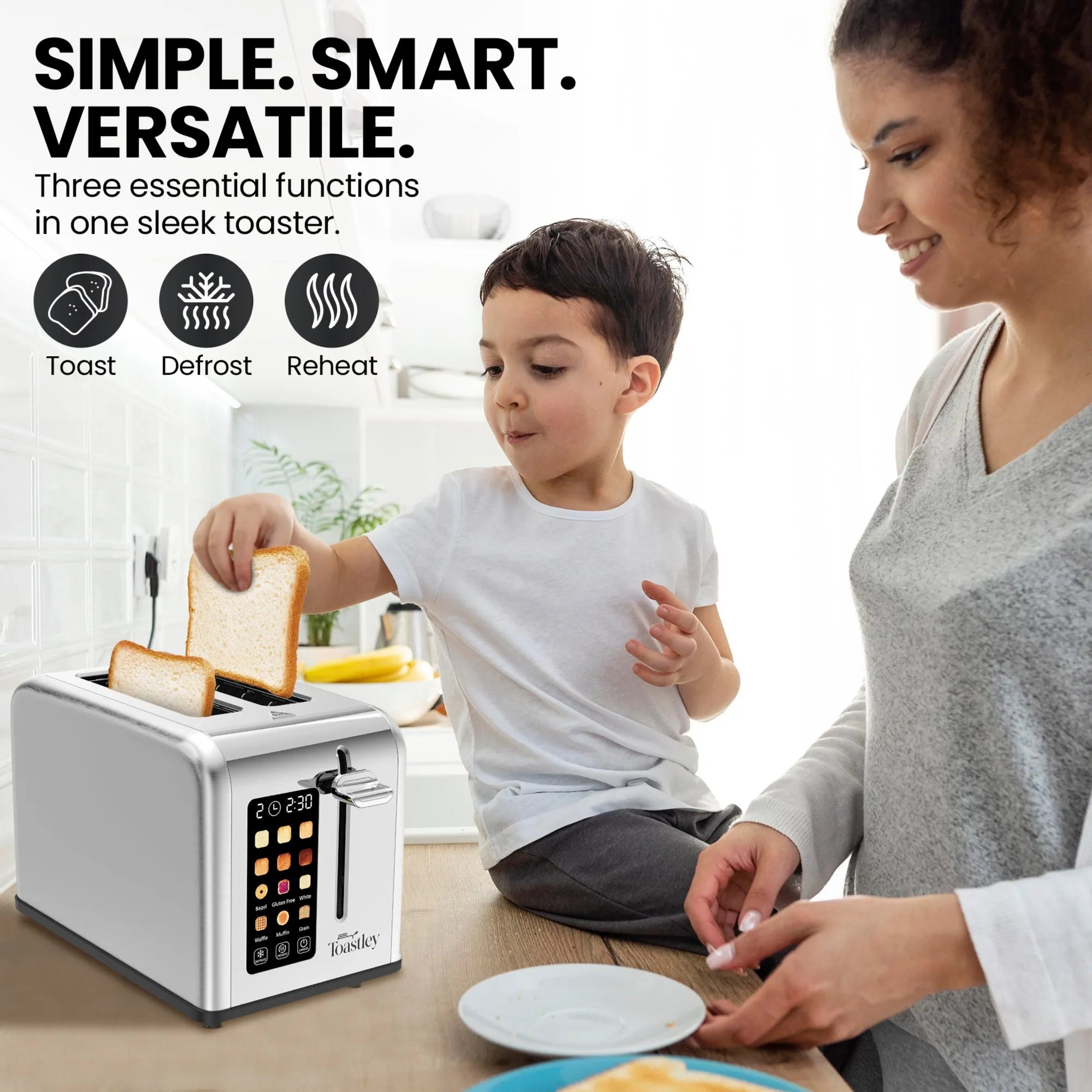 Image of Woman and child using a toaster with text 'Simple. Smart. Versatile.'