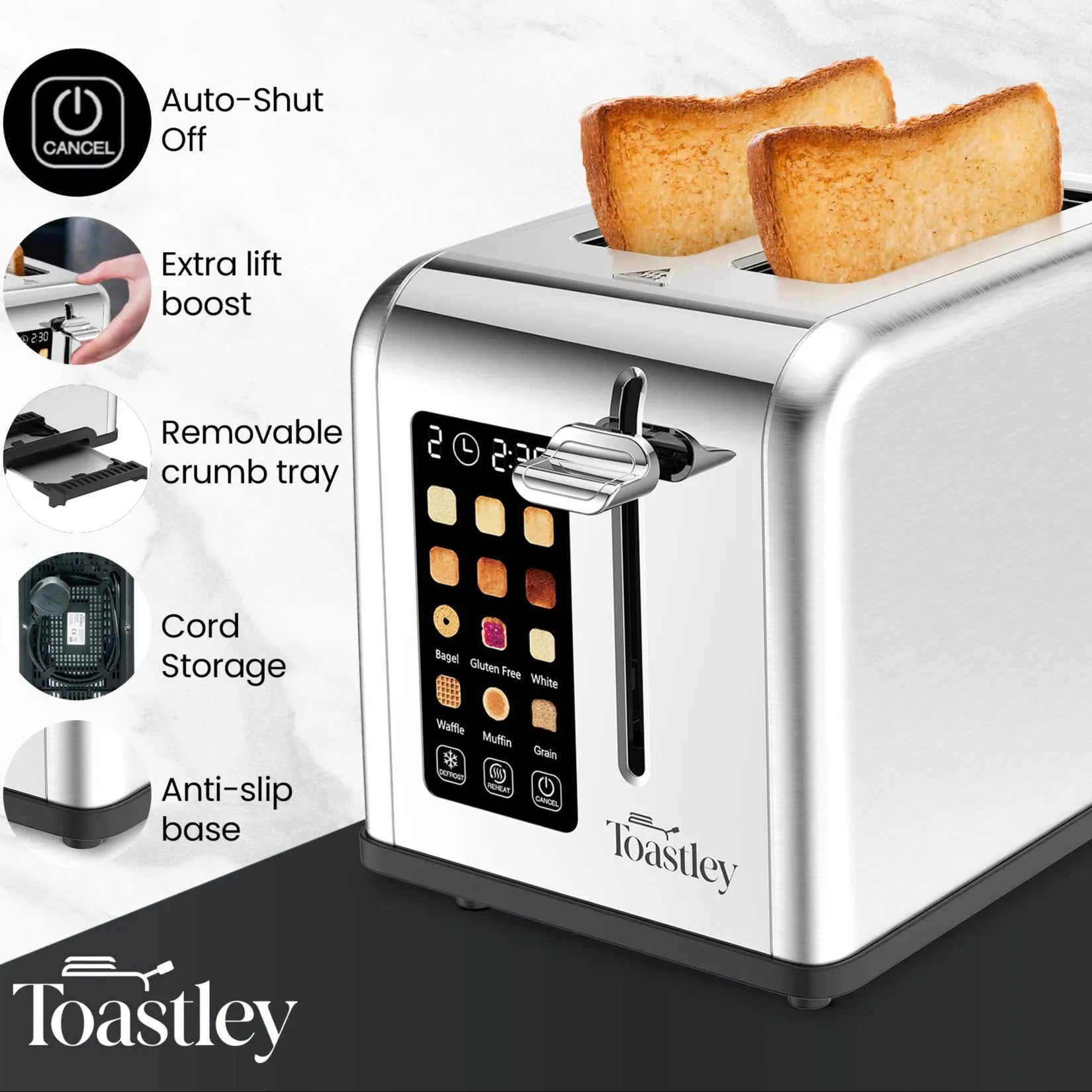 Image of Toastley toaster with features listed on a white background