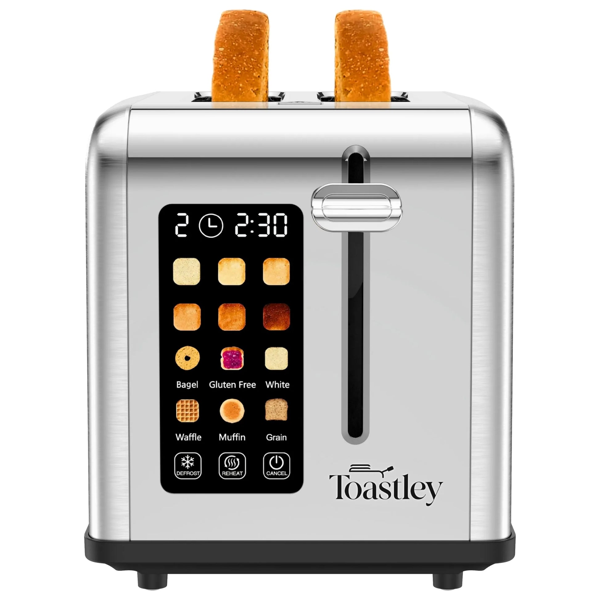 Silver toaster with digital display and Toastley branding on a white background