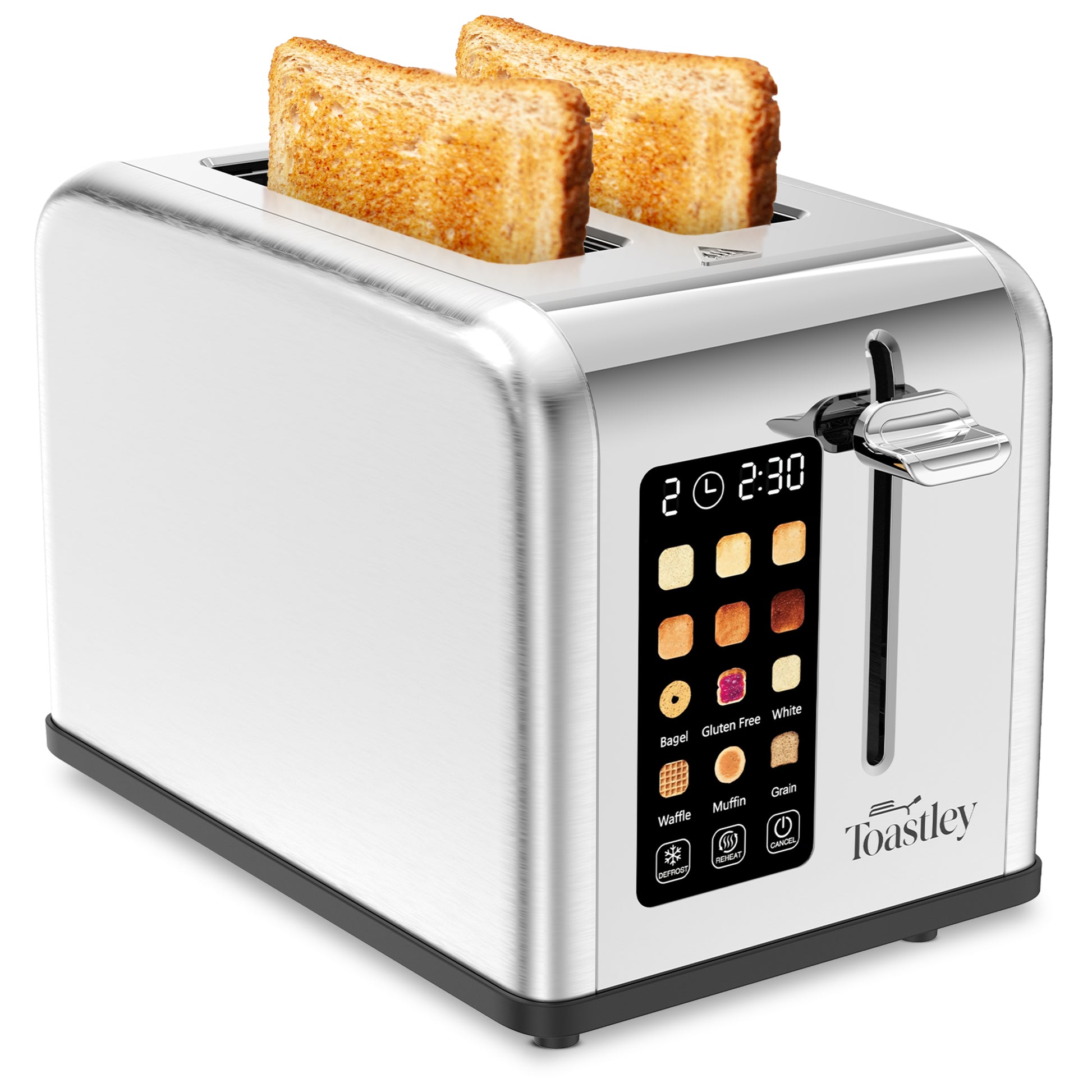 Silver toaster with digital display and two slices of toast on a white background
