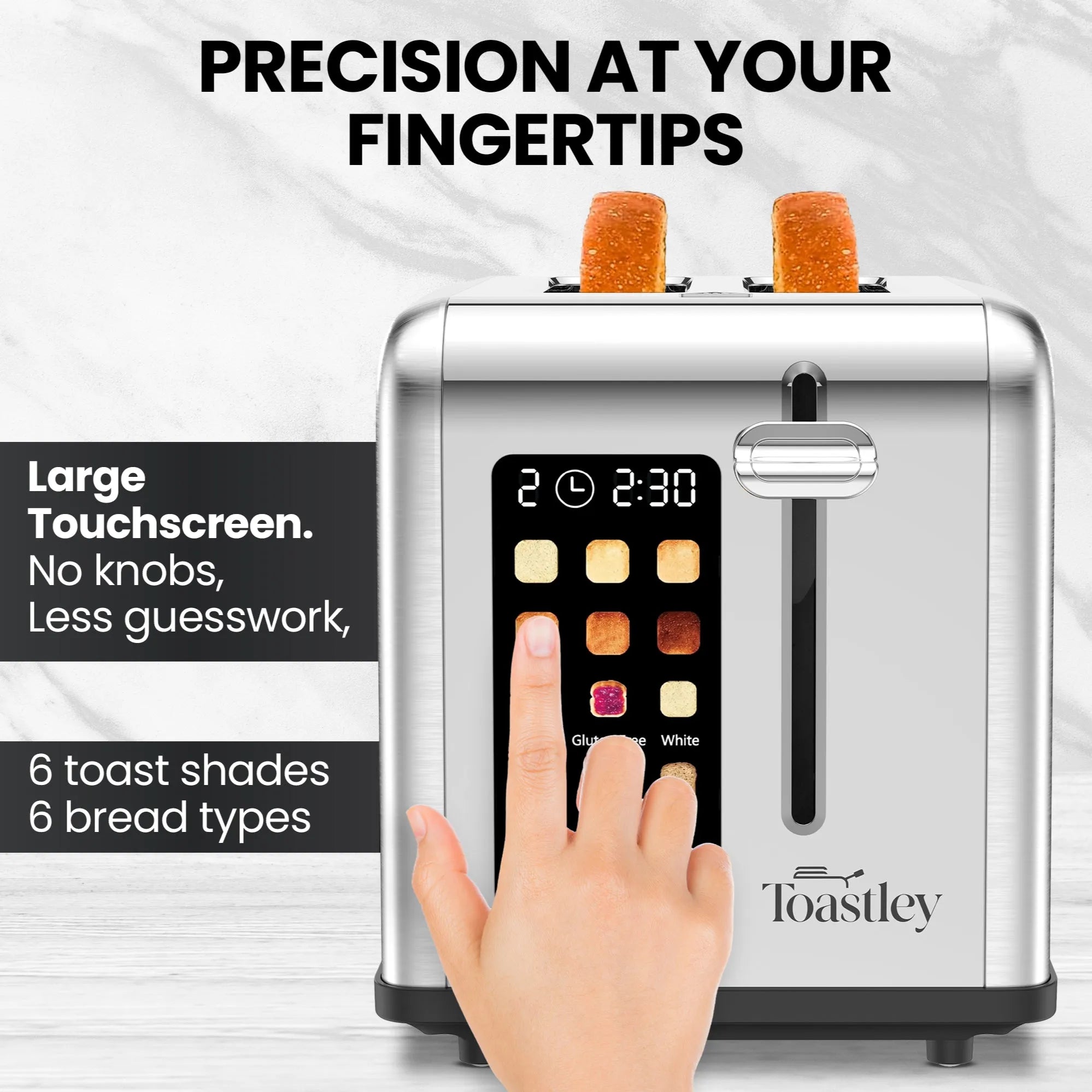 Image of Toaster with touchscreen interface and 'Toastley' branding, featuring a hand pressing the screen.