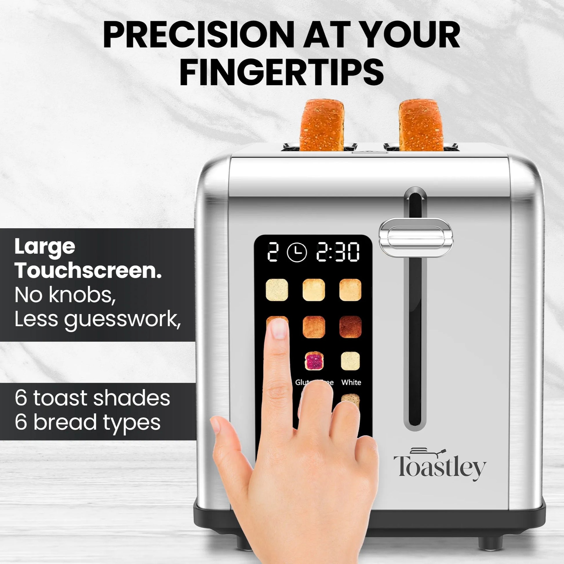 Toaster with touchscreen interface and 'Toastley' branding, featuring a hand pressing the screen.