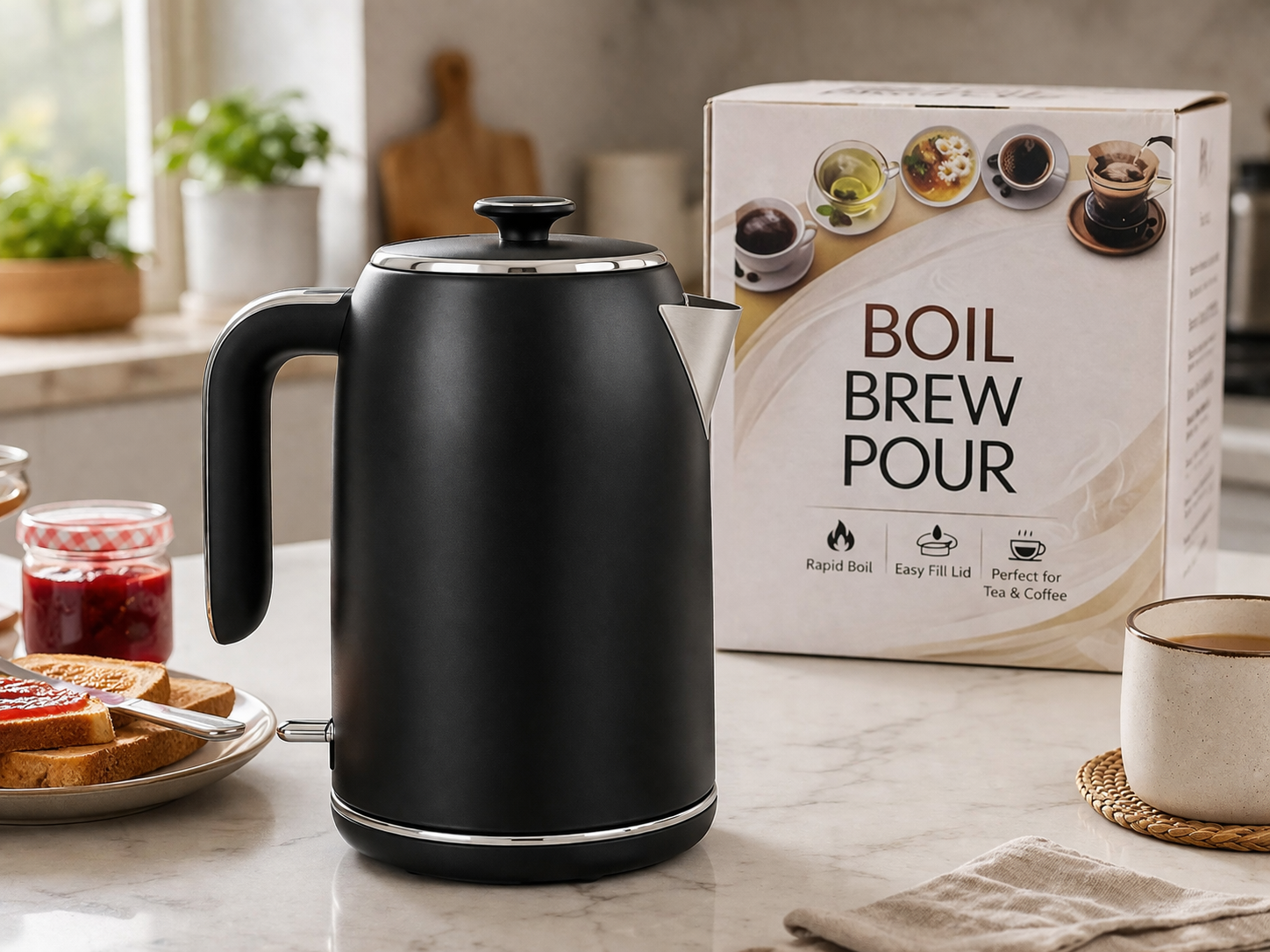 Image of Toastley 1.7L electric kettle in matt black being used in modern kitchen
