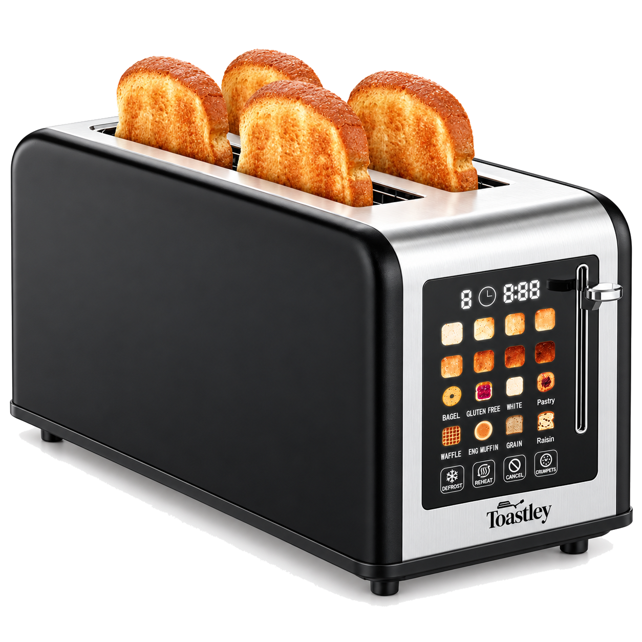 Image of Toastley Long Slot Smart Toaster in matt black, 4 slice with two extra-long slots and a touchscreen showing bagel, gluten free, white, pastry, waffle, muffin, grain, raisin and crumpets settings