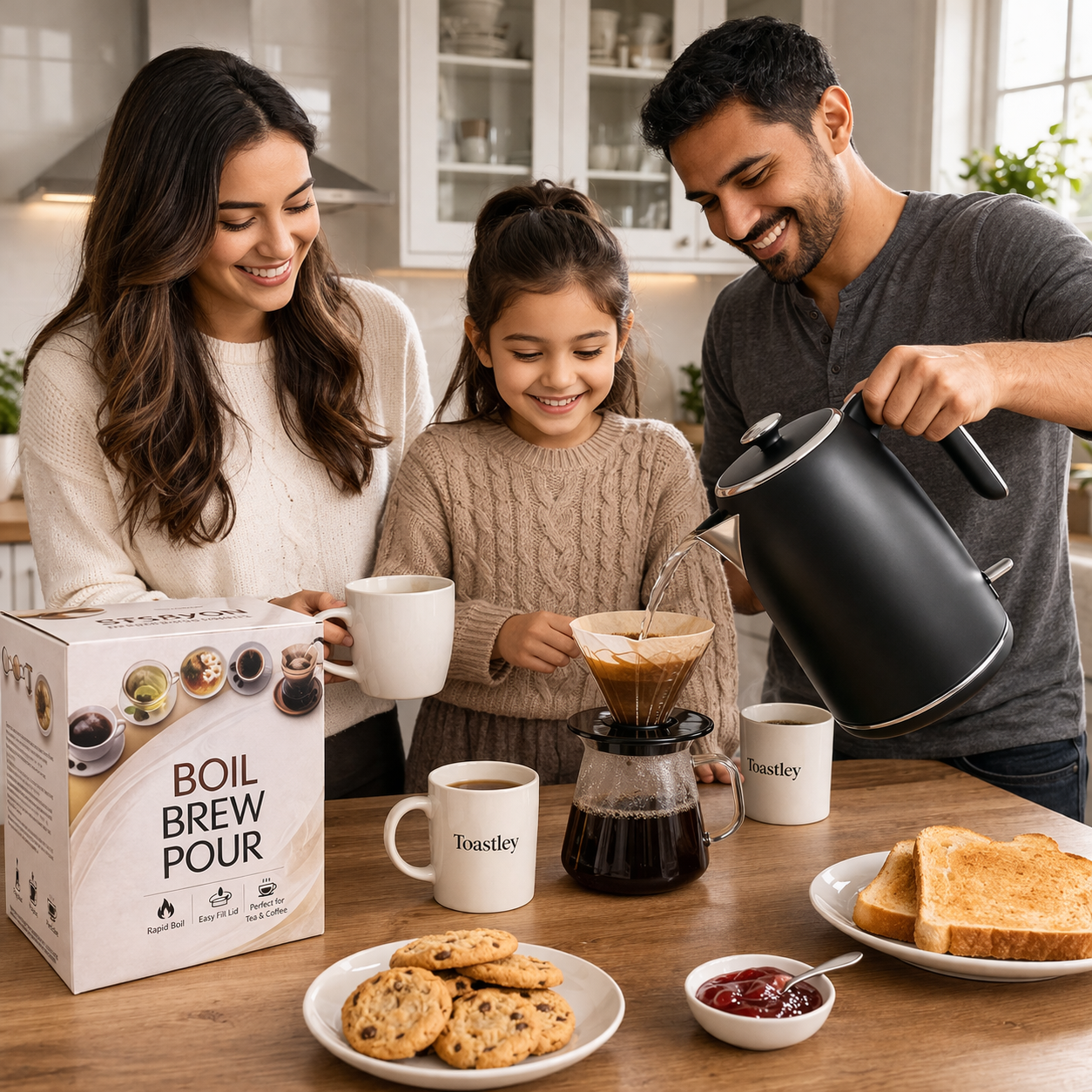 family enjoying toastley electric kettle in matt black brewing coffee