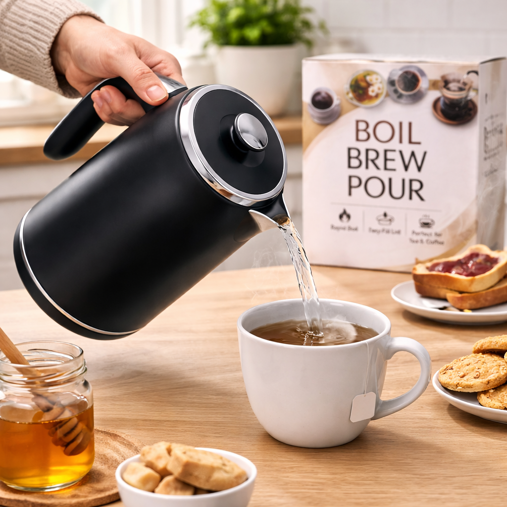 Image of Person pouring tea from a black kettle into a white mug on a wooden table with a 'Boil Brew Pour' box in the background.