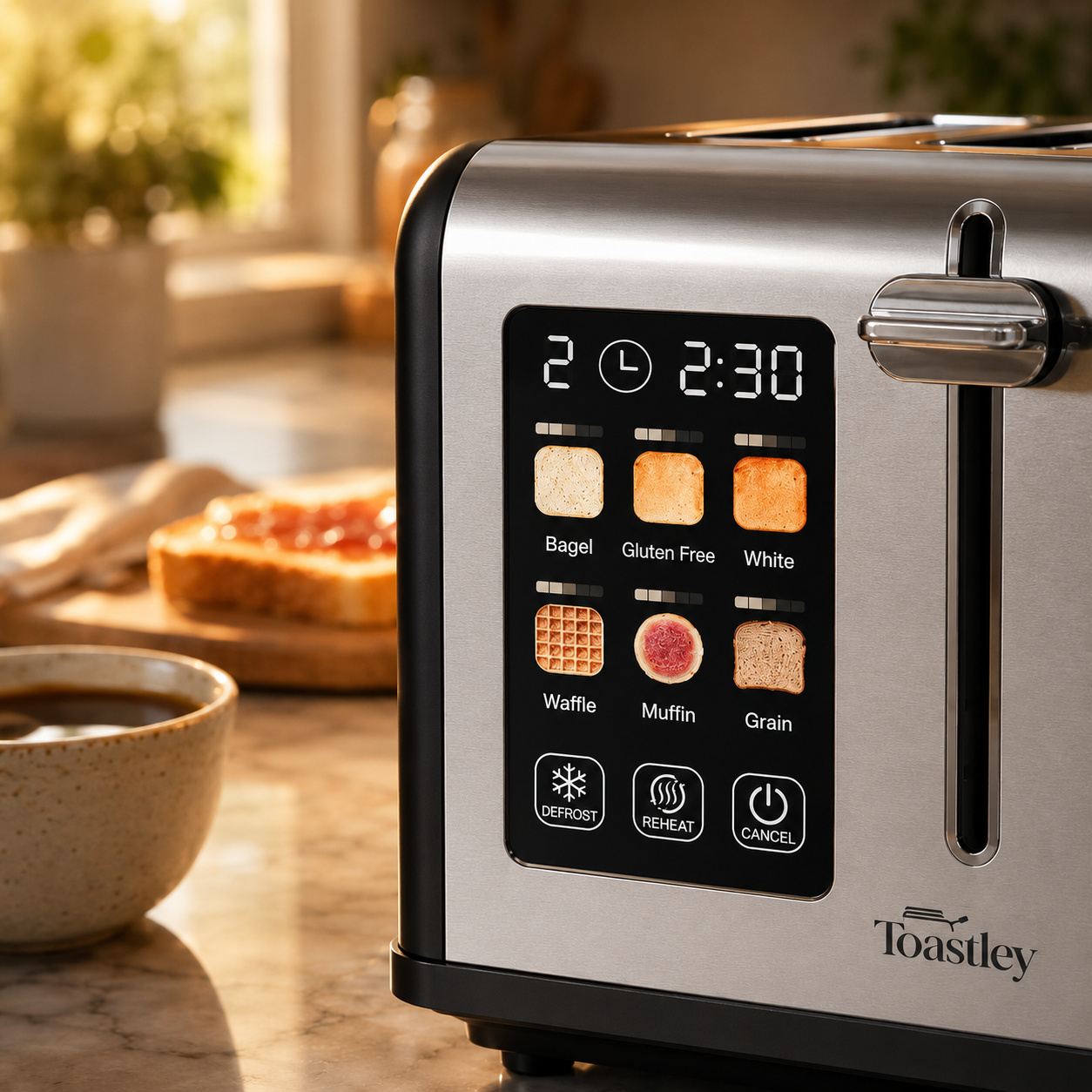 Image of Toastley toaster touchscreen showing personalized saved presets with bread type icons and browning level selectors
